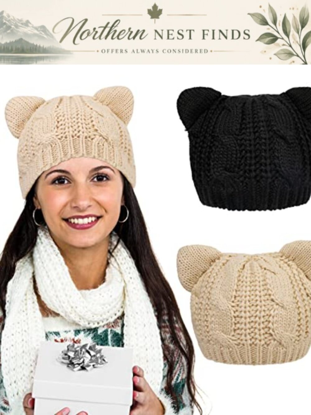 Cat Ear Knit Beanie Hat Set Cable Knit Winter Caps